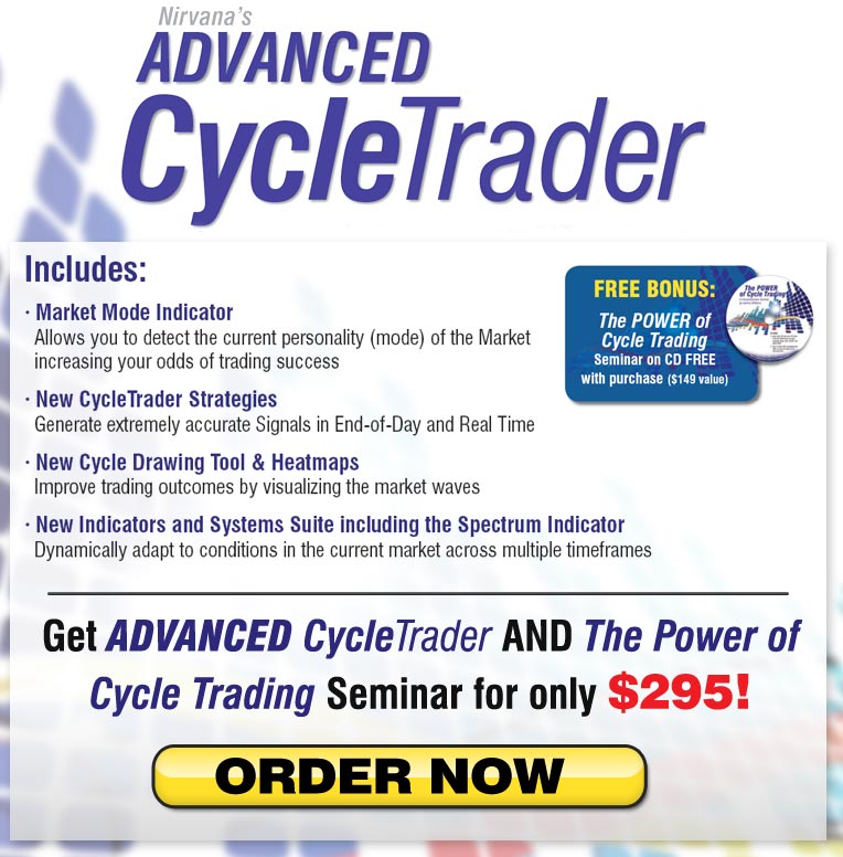 Advanced CycleTrader Includes: - Market Mode Indicator - Allows you to detect the current personality (mode) of the Market increasing your odds of trading success - New CycleTrader Strategies - Generate extremely accurate Signals in End-of-Day and Real Time - New Cycle Drawing Tool & Heatmaps - Improve trading outcomes by visualizing the market waves - New Indicators and Systems Suite including the Spectrum Indicator - Dynamically adapt to conditions in the current market across multiple timeframes